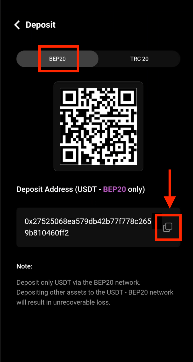 Select BEP20 and copy deposit address in CoinTech2u