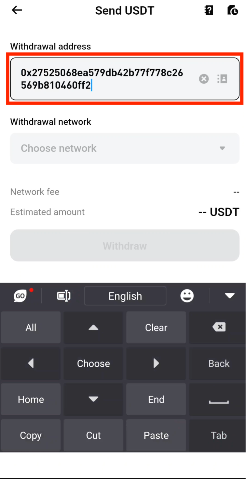 Paste CoinTech2u deposit address on Bitget withdrawal