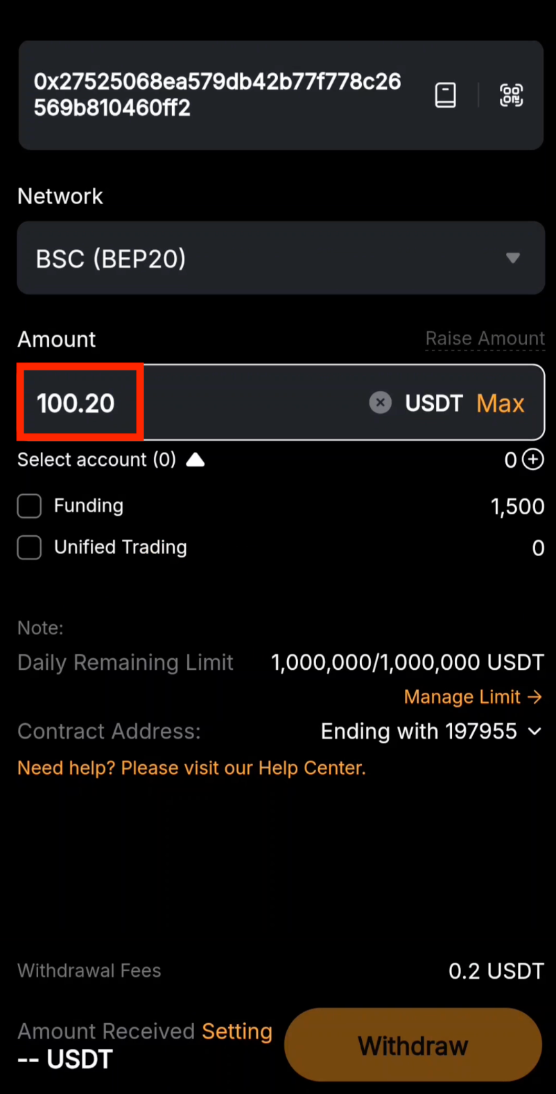 Enter USDT withdrawal amount