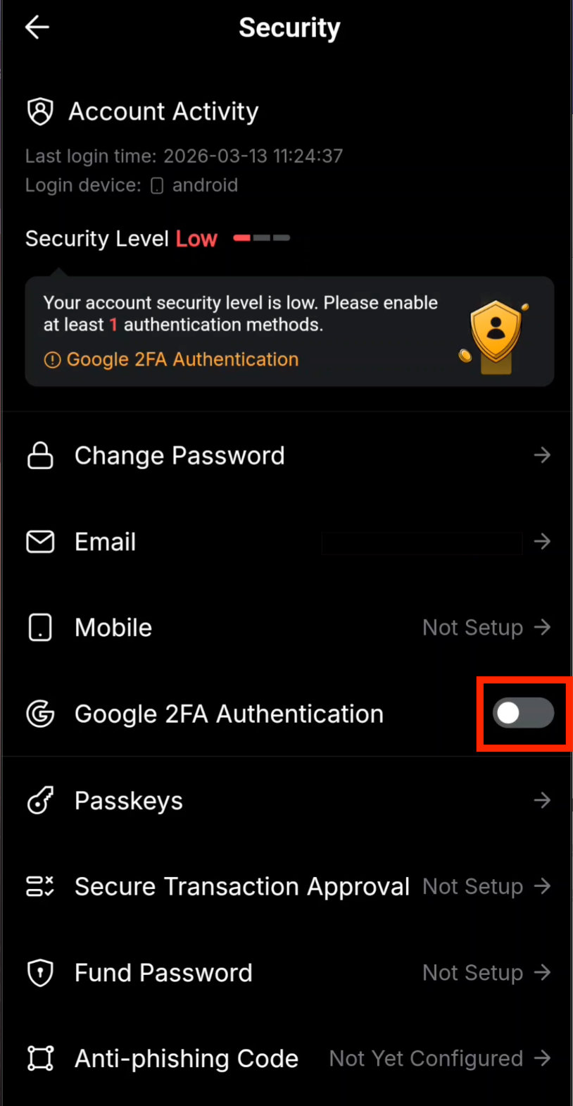 Select Google 2FA on Bybit