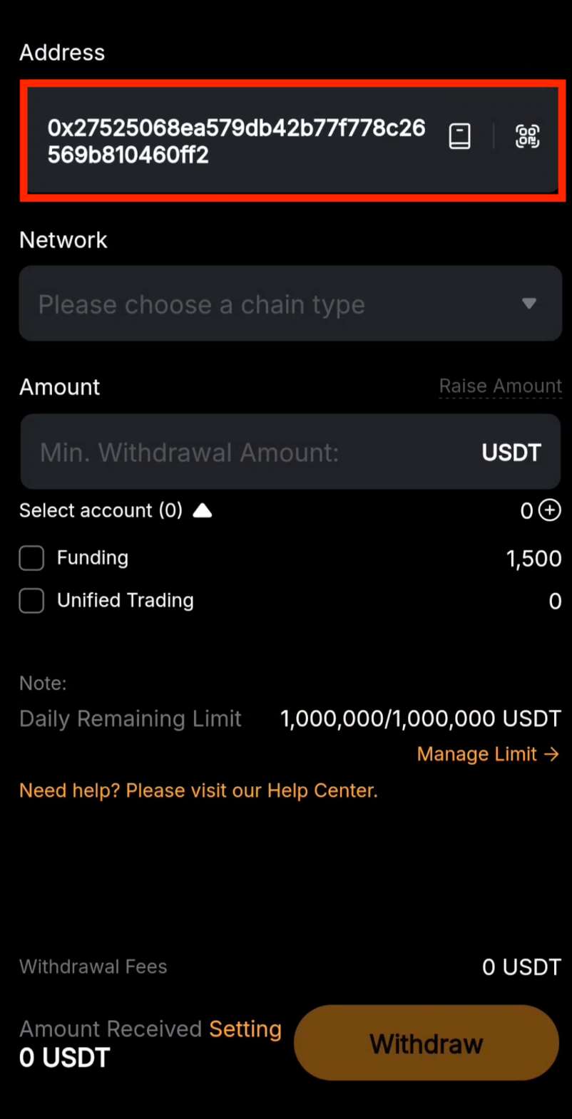 Paste deposit address in Bybit