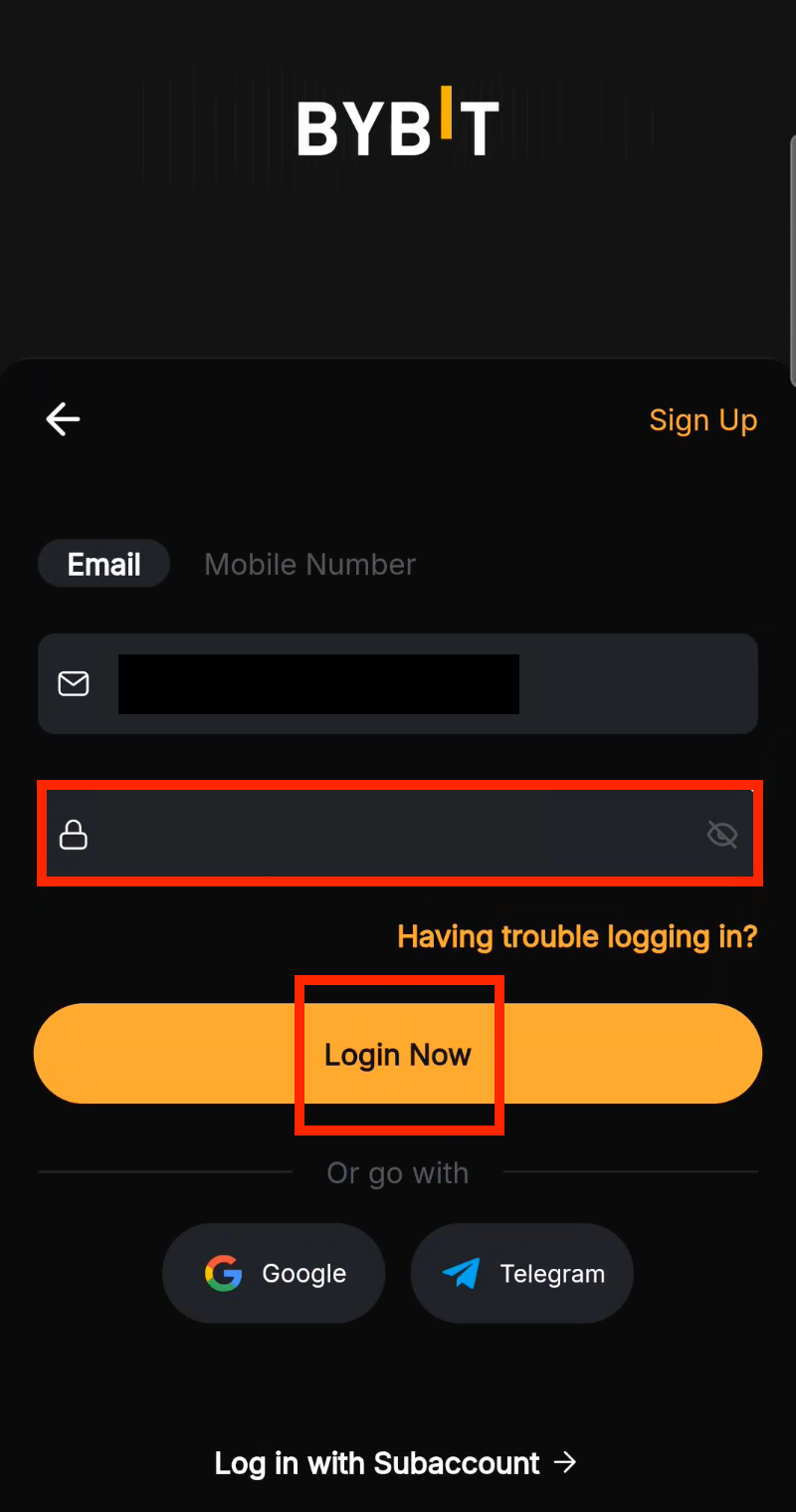 Bybit app password login screen