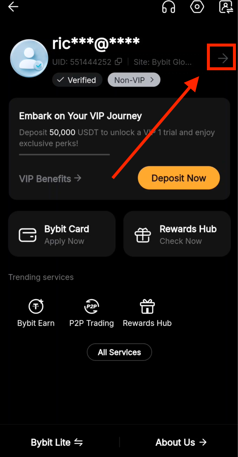 Bybit settings arrow icon