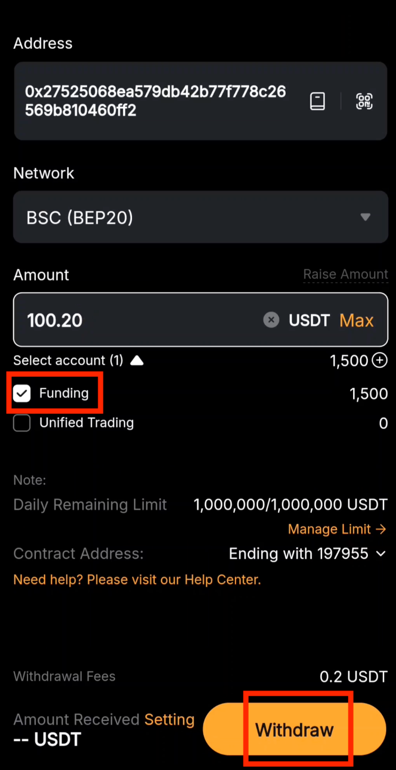 Select funding wallet and withdraw on Bybit