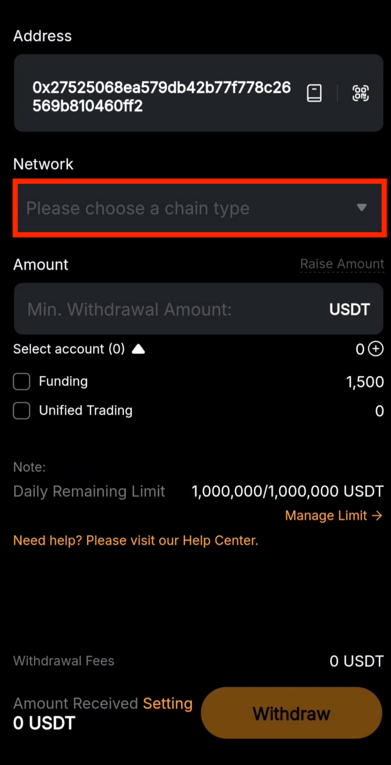 Select network for Bybit withdrawal