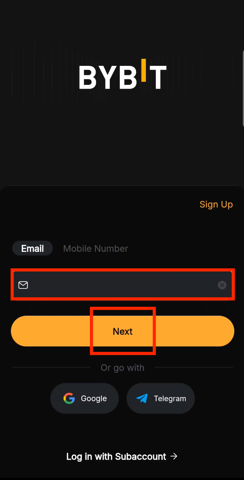 Enter email on Bybit app login