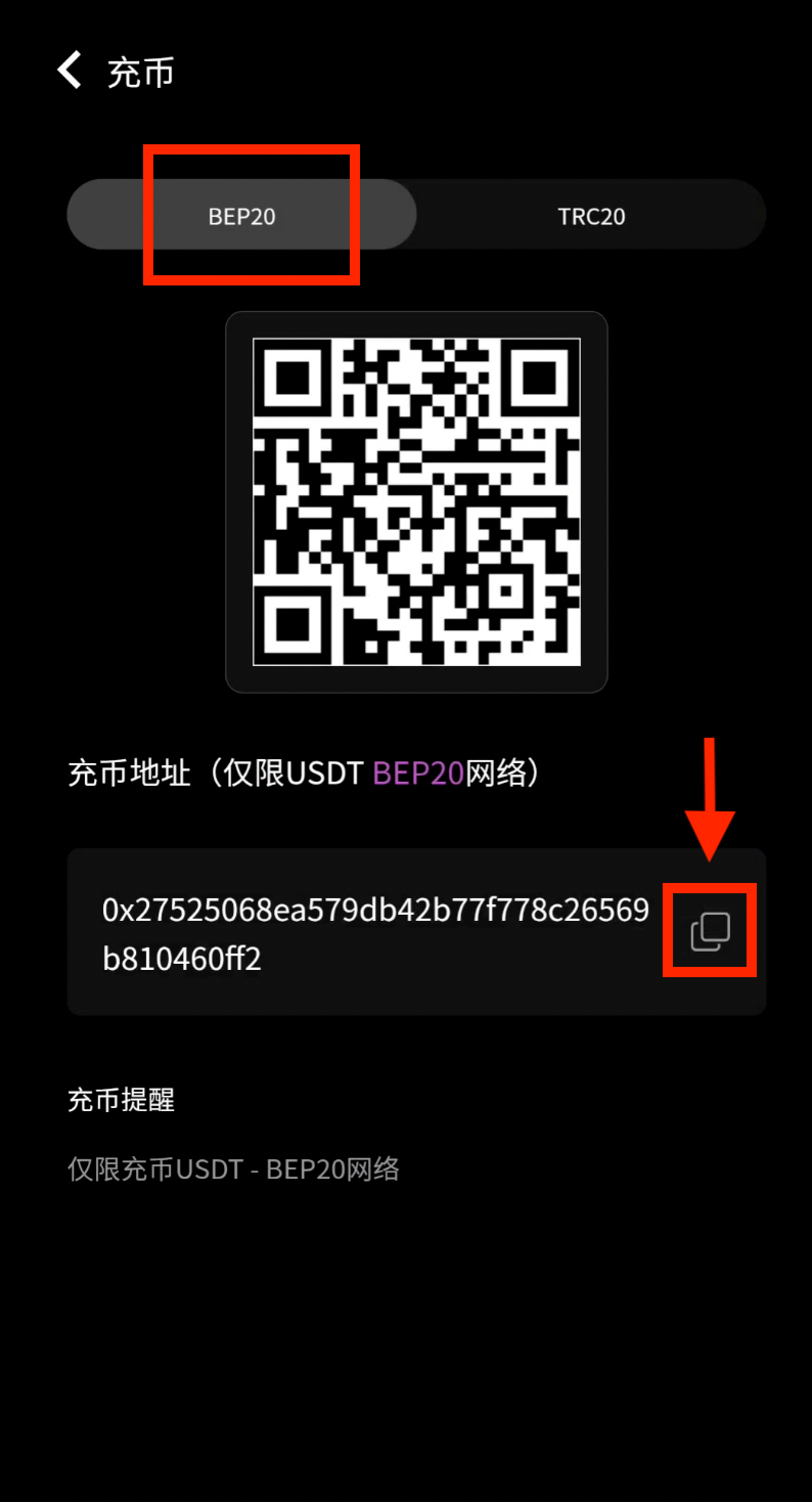 选择BEP20并复制地址
