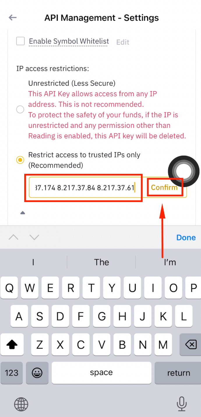 Paste 30 CoinTech2u IP addresses for API restriction