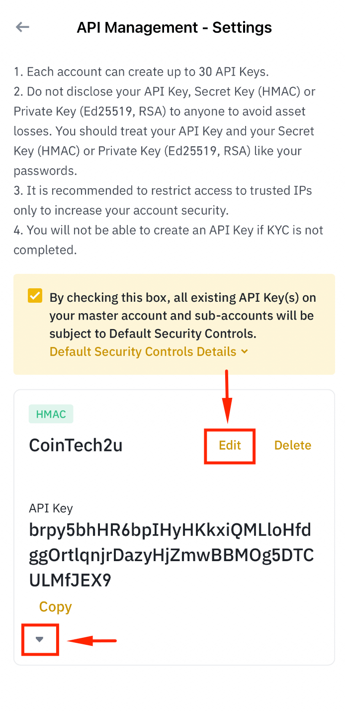 Edit Binance API key settings