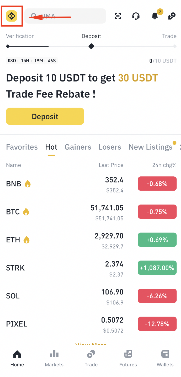 Binance App homepage profile icon