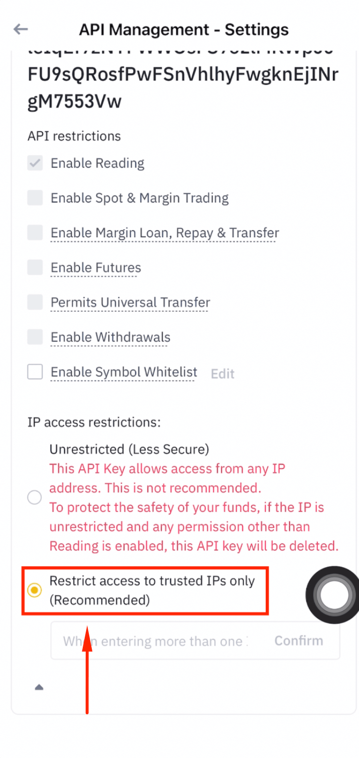 Restrict Binance API to trusted IPs