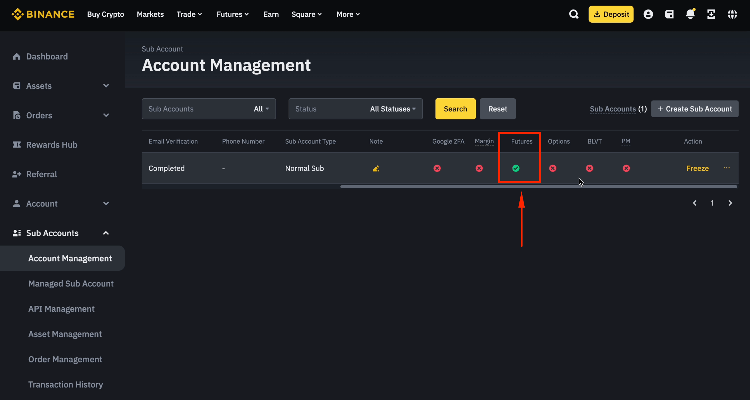 Futures enabled on Binance sub-account