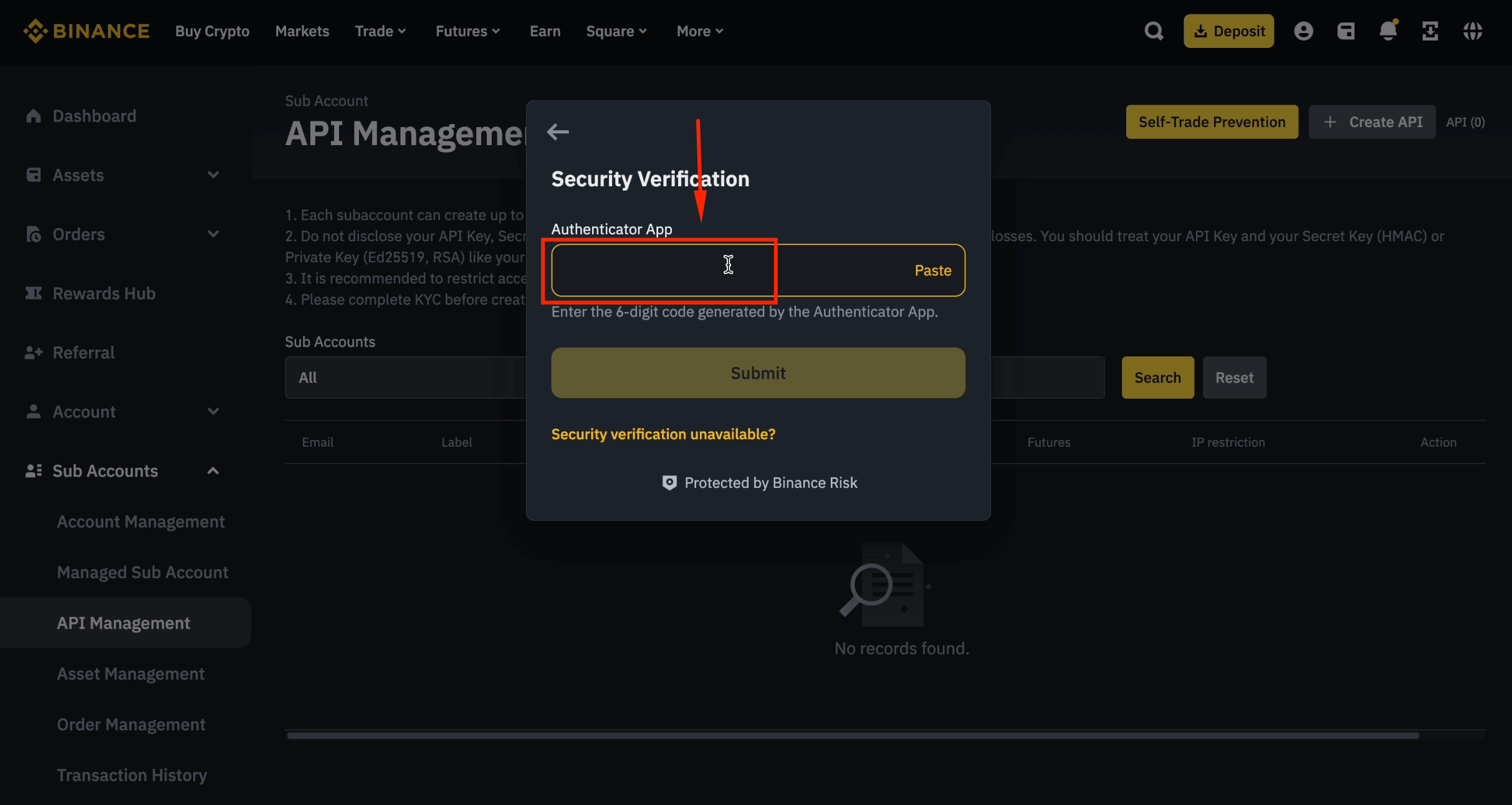 Enter authenticator code for sub-account API