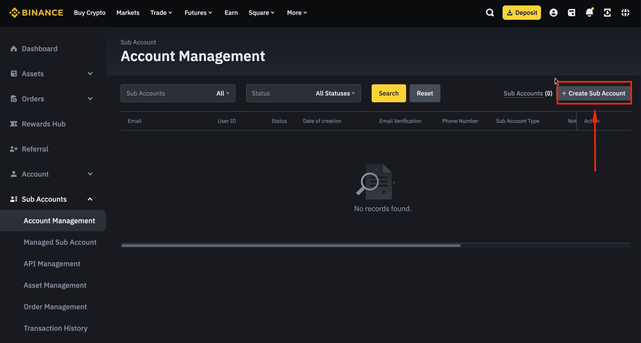 Create sub account button on Binance