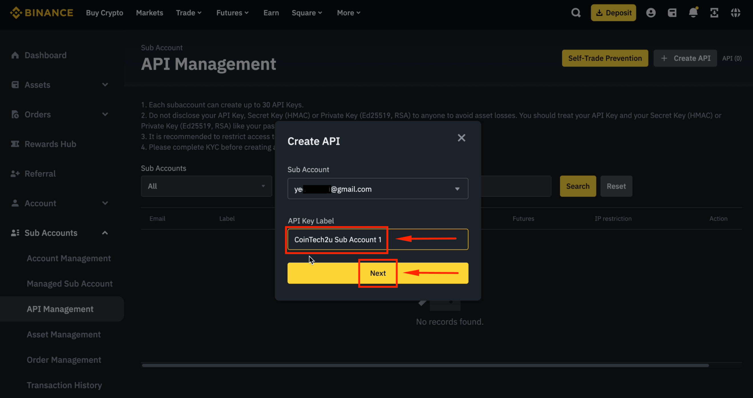 Name sub-account API key CoinTech2u