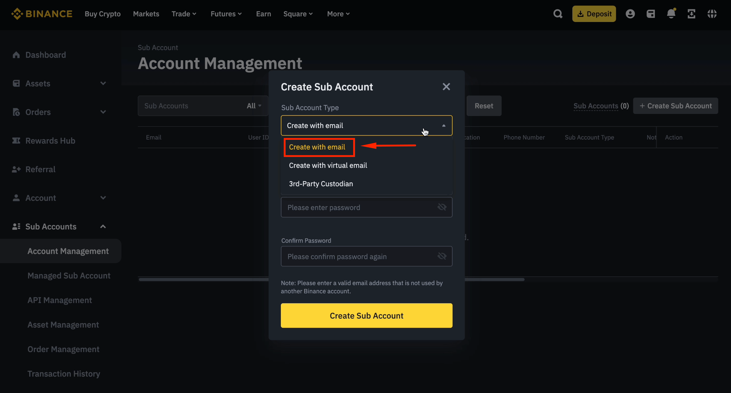 Create Binance sub-account with email