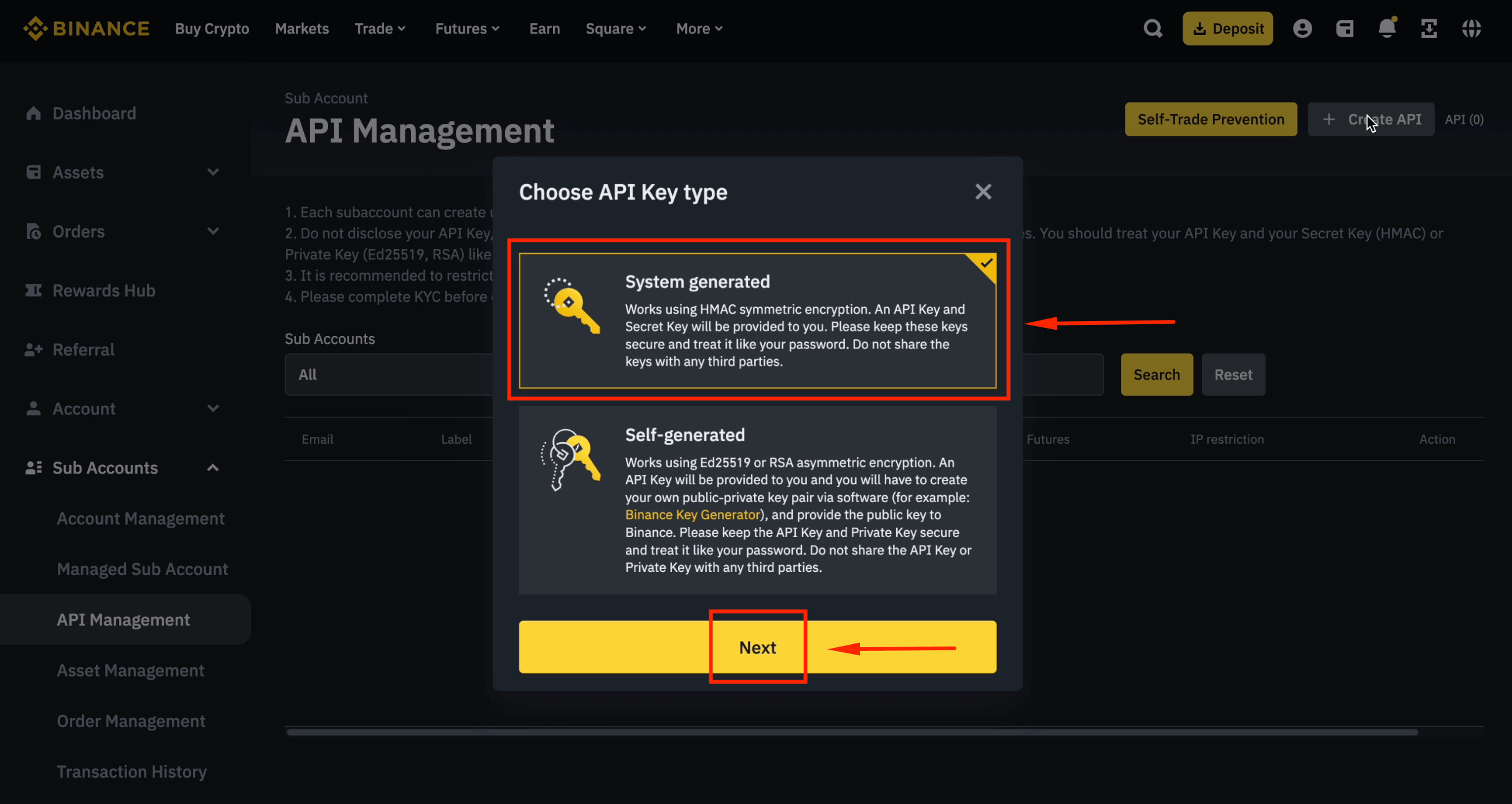 System generated API for sub-account