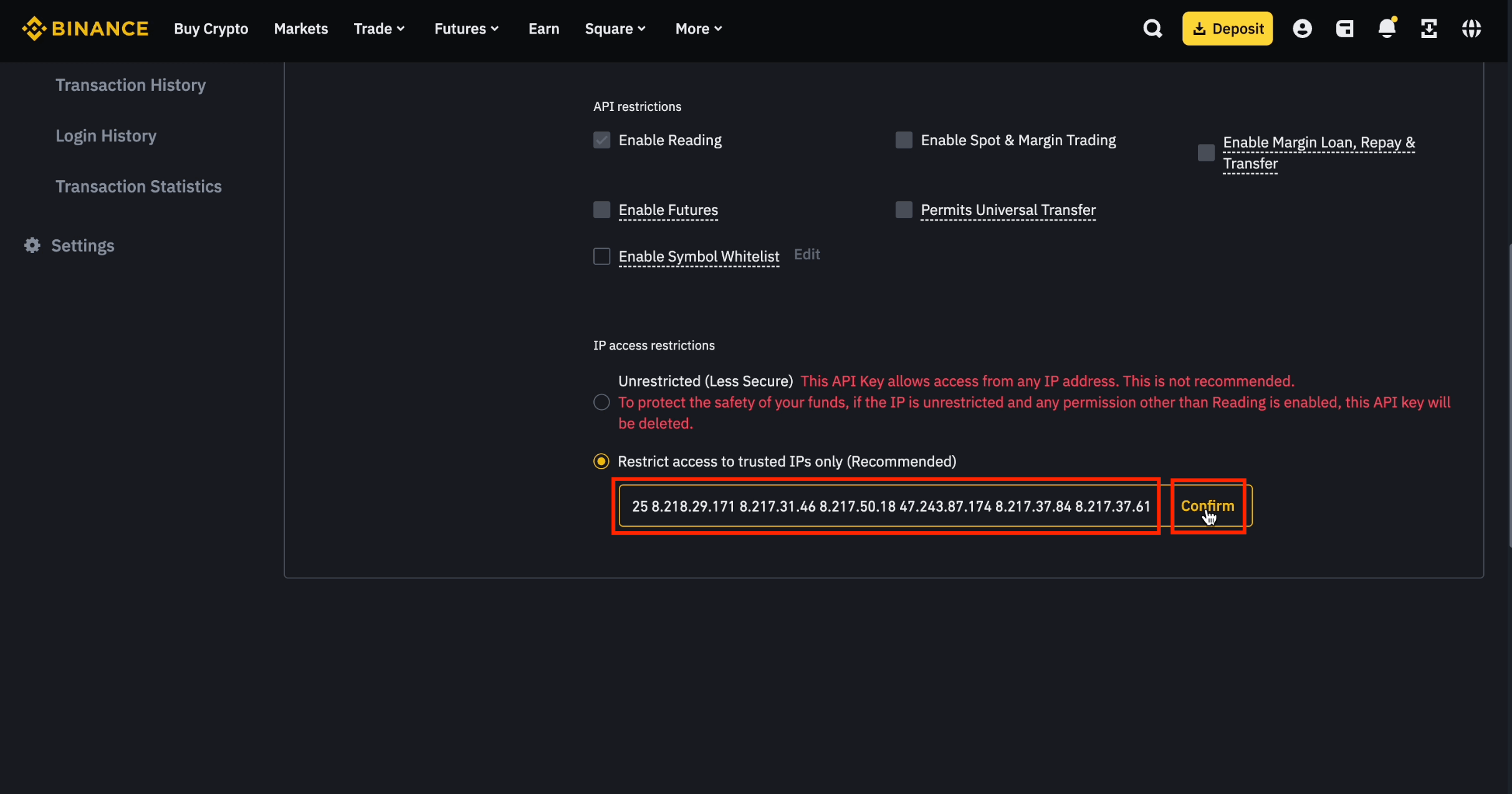 Paste 30 IP addresses for sub-account API