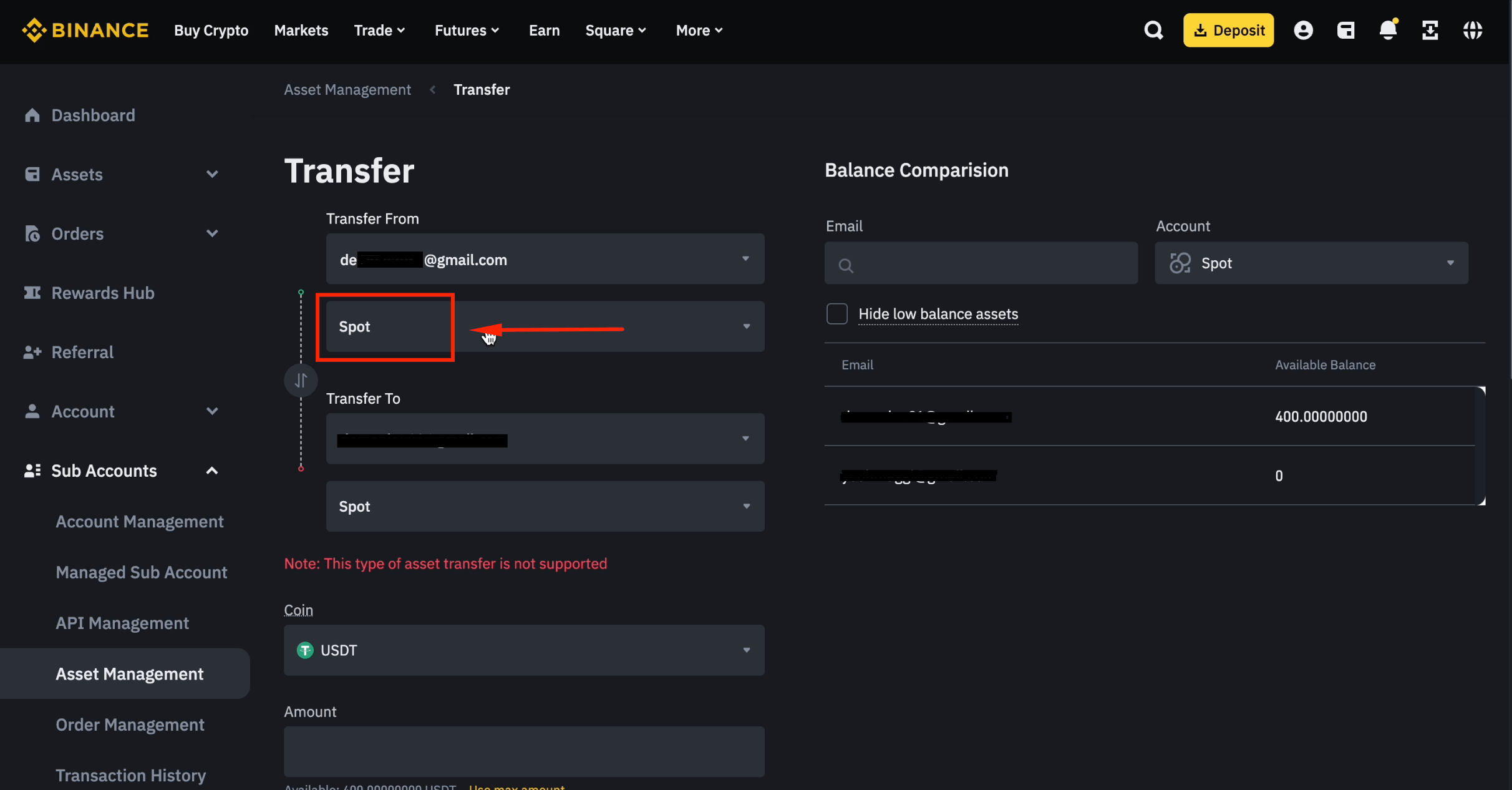 Select spot wallet as source
