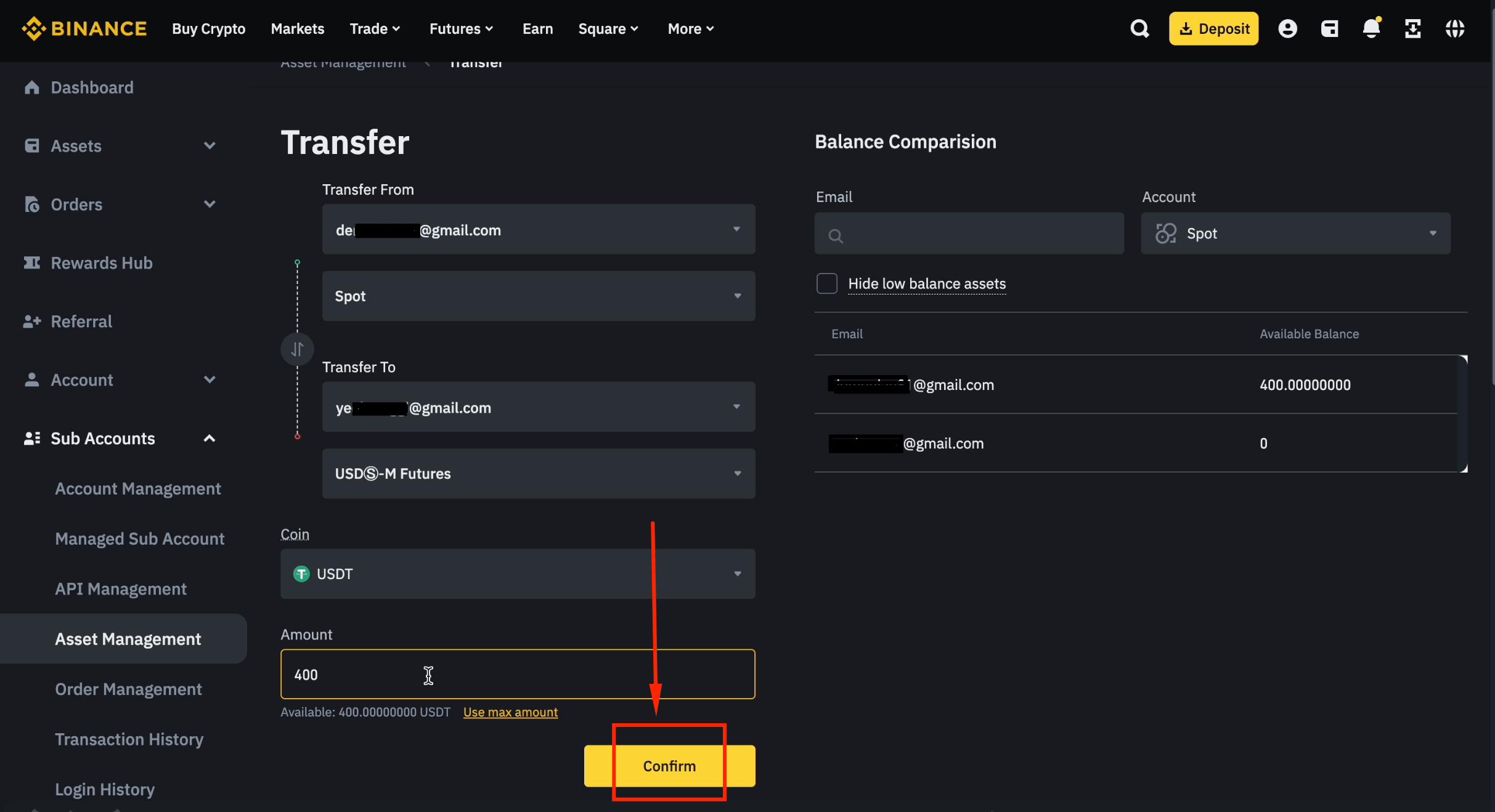 Confirm fund transfer to sub-account