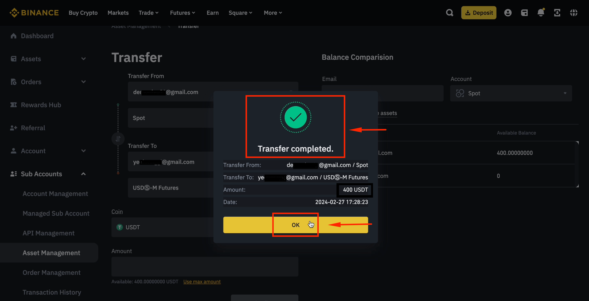 Fund transfer to sub-account complete