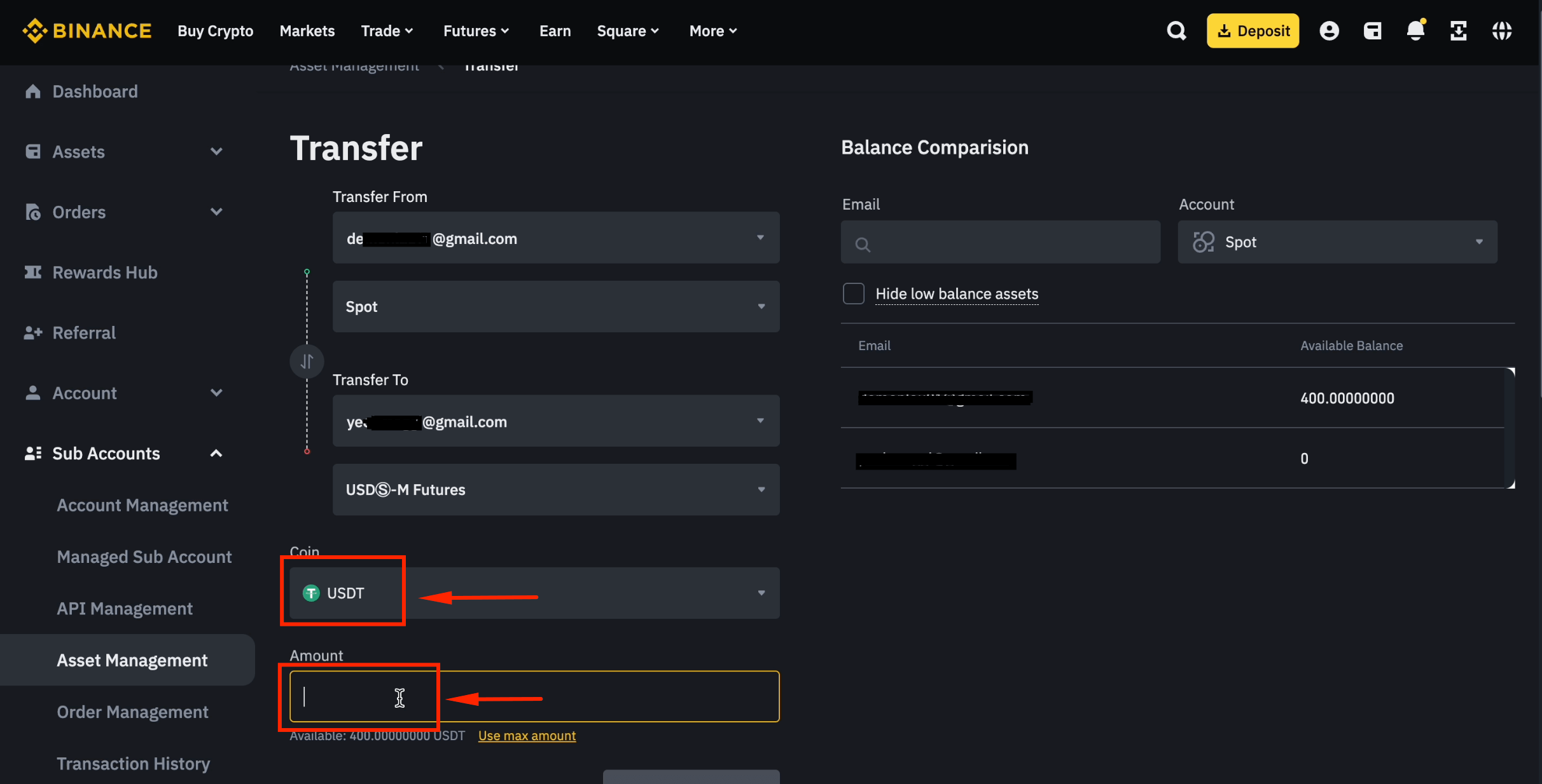 Enter USDT amount to transfer