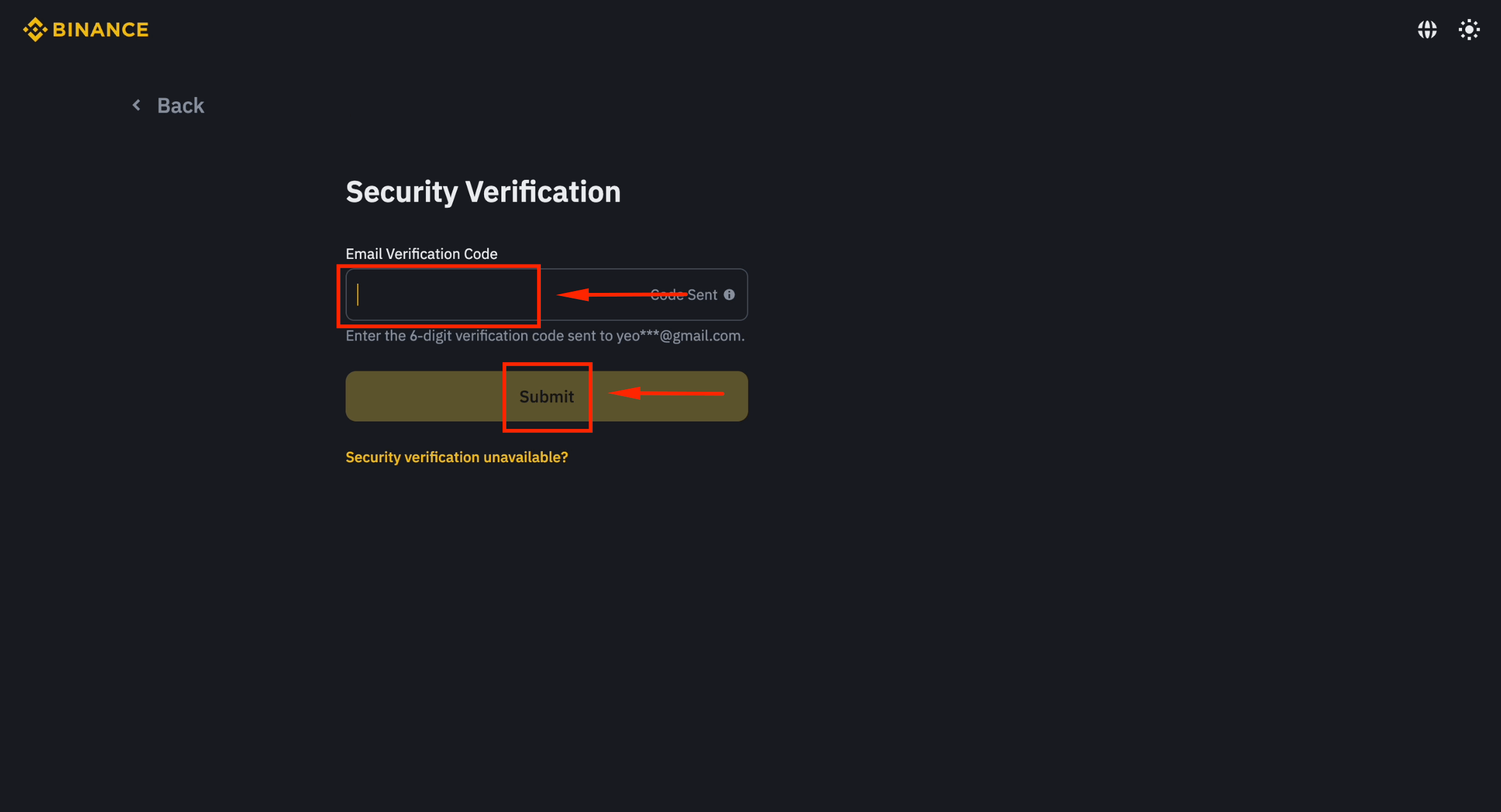 Submit email verification code