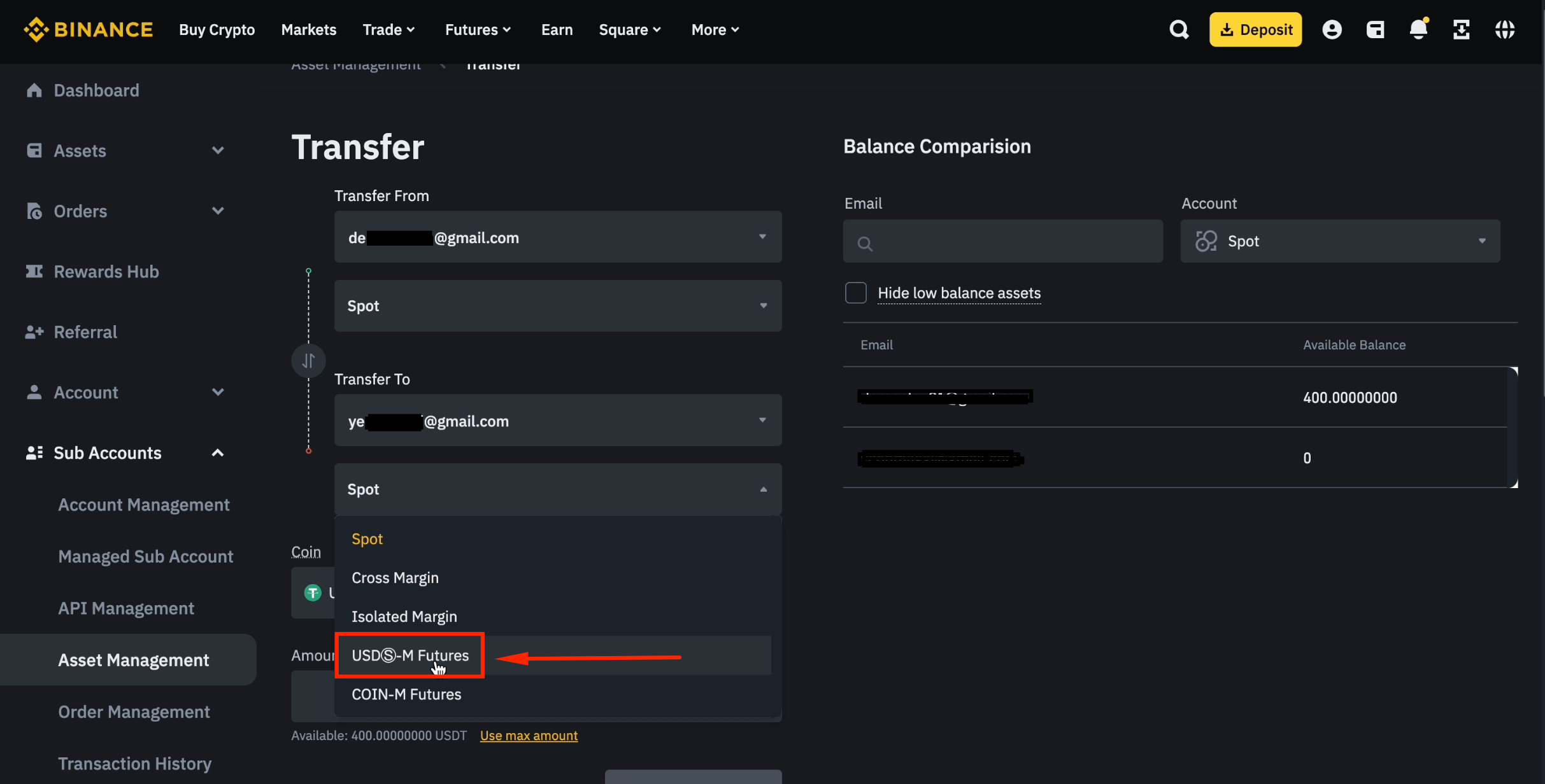 Select USD-M Futures as destination wallet