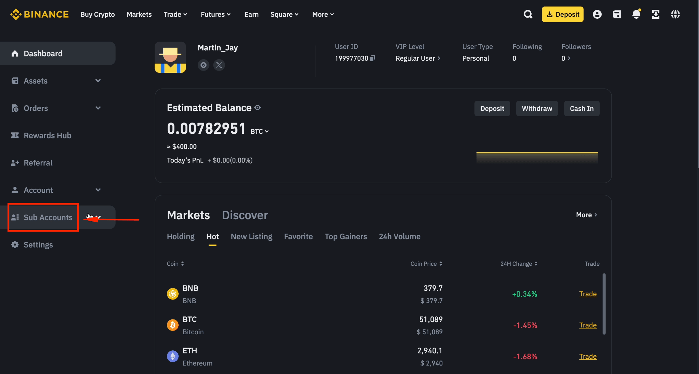 Navigate to sub accounts