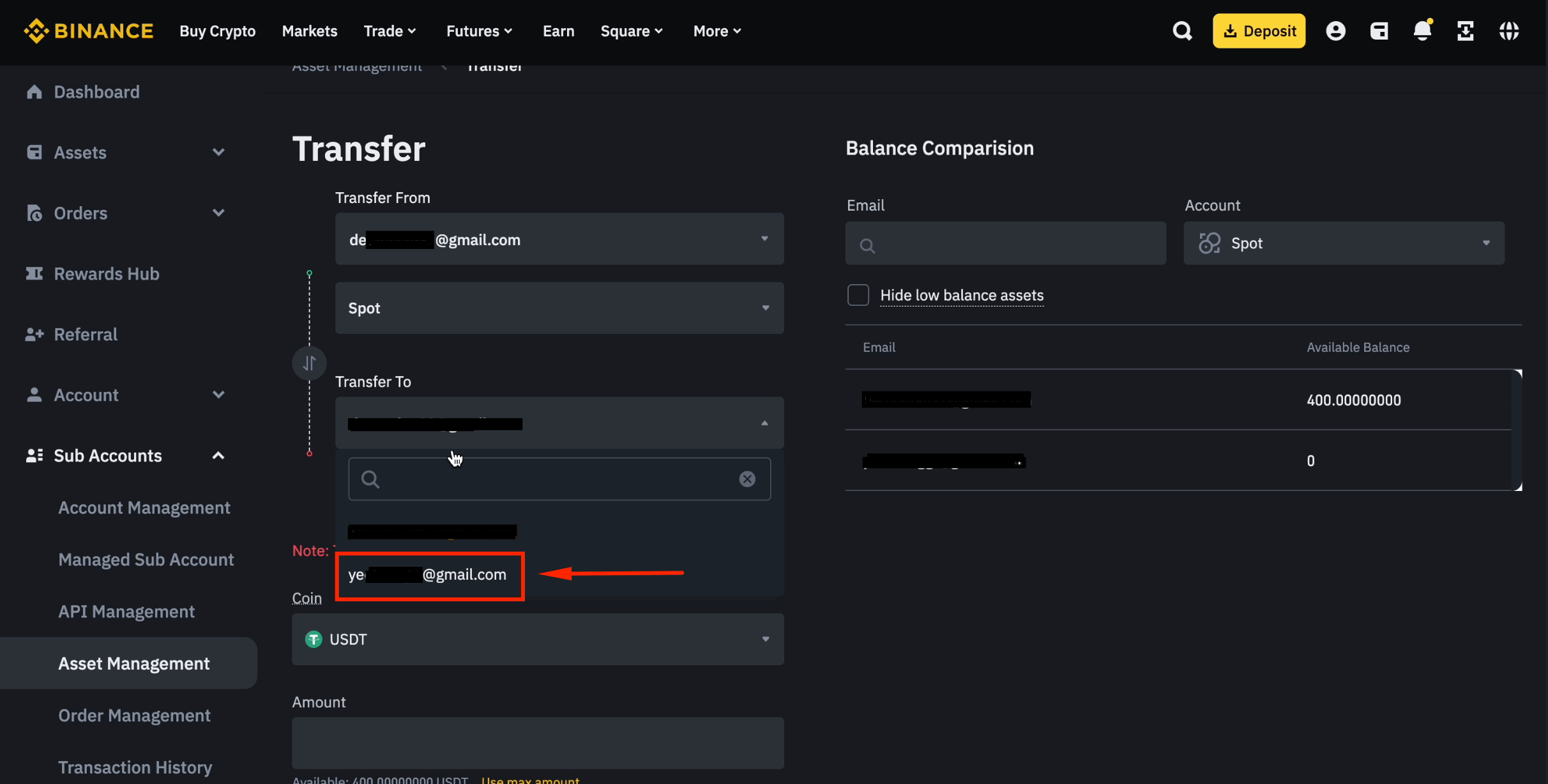 Select sub-account as transfer destination