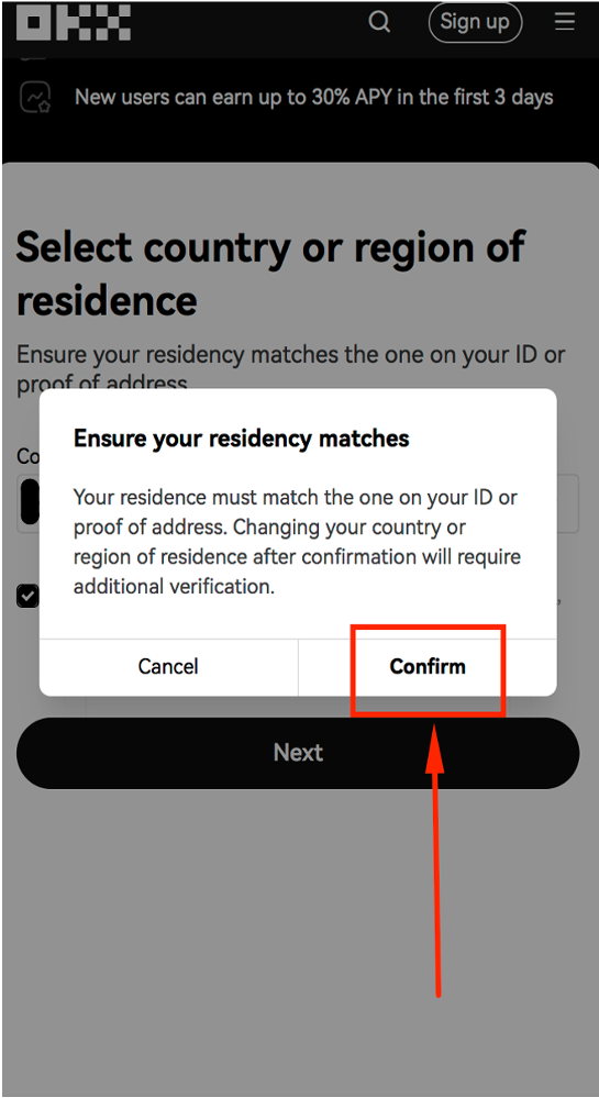 Confirm country of residence on OKX