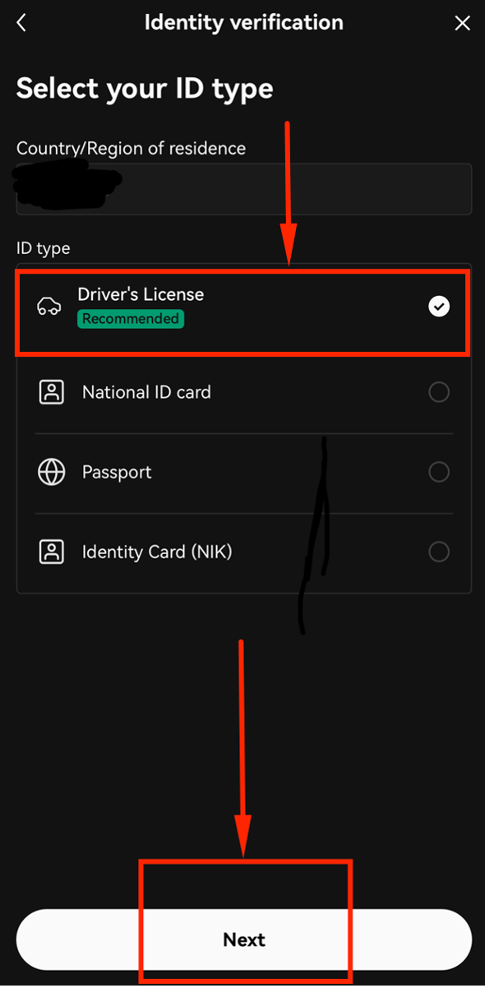 Select ID type for OKX KYC