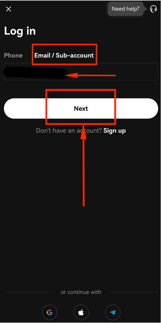 Log in to OKX app with email and password