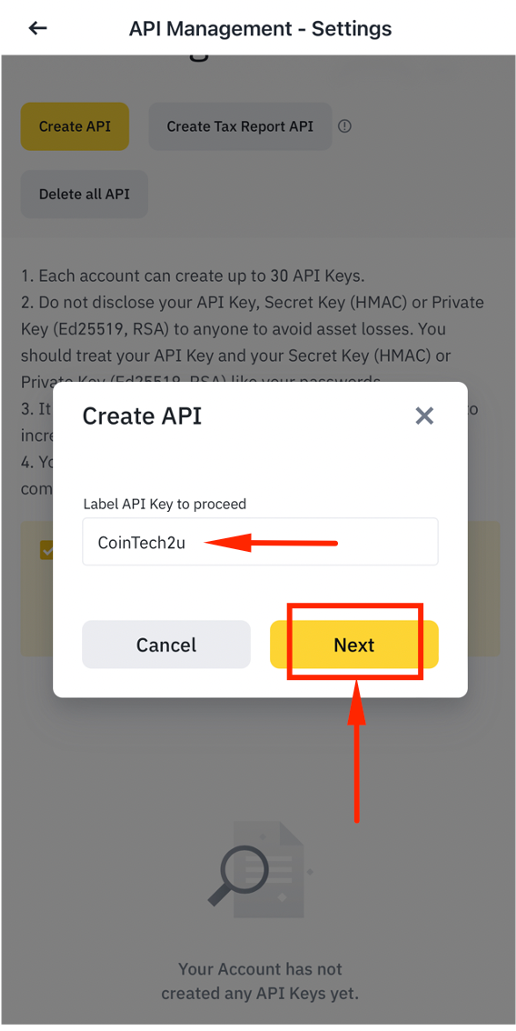 Name API key CoinTech2u