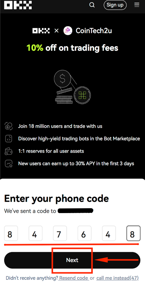 Enter phone number for OKX verification